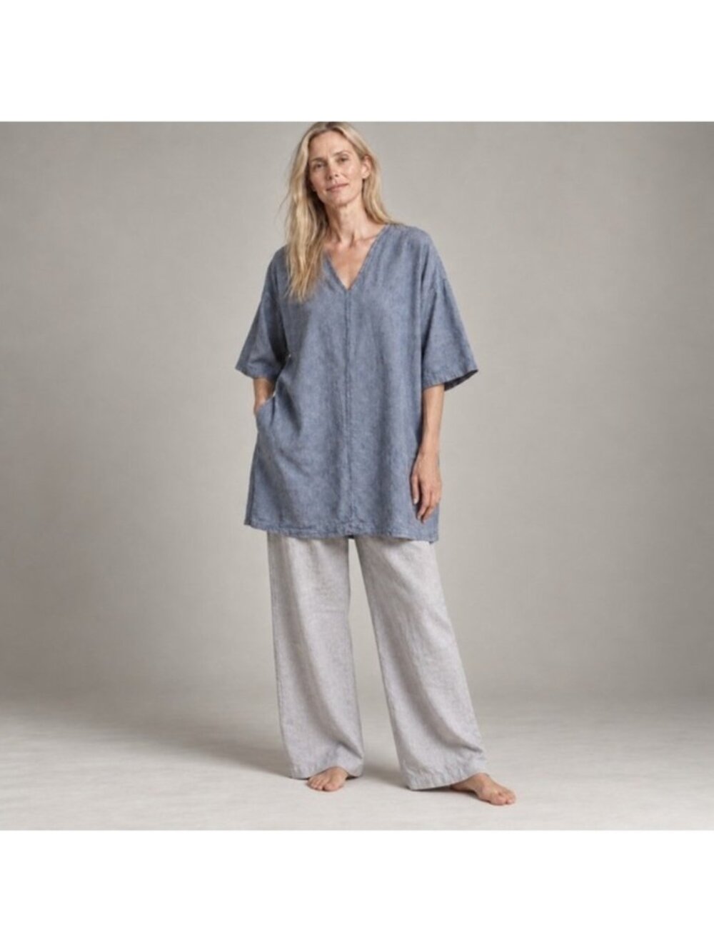 Bryn Walker Light Linen Baxter Tunic Top V-Neck Blue/Grey Women’s Size XL